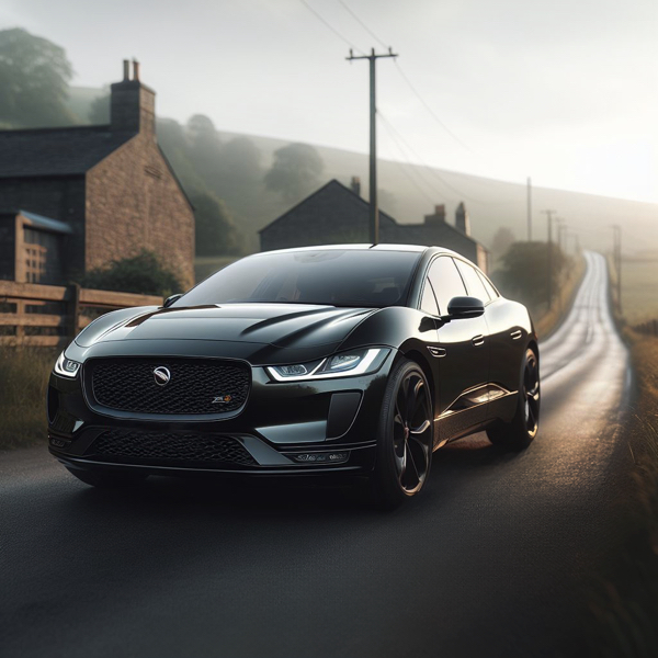 Jaguar I-Pace driving down an english country road