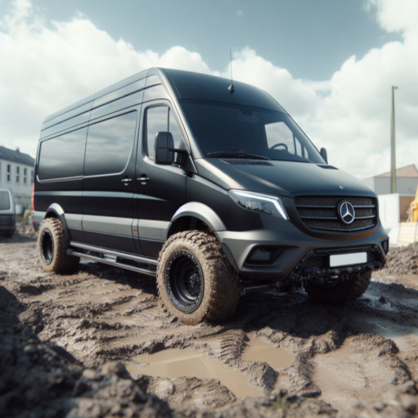 Mercedes Sprinter van on building site using mud Tyres