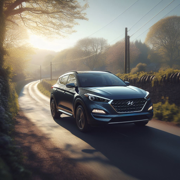 Hyundai Tucson driving along a country road in the UK sat on Hyundai Tucson Tyres