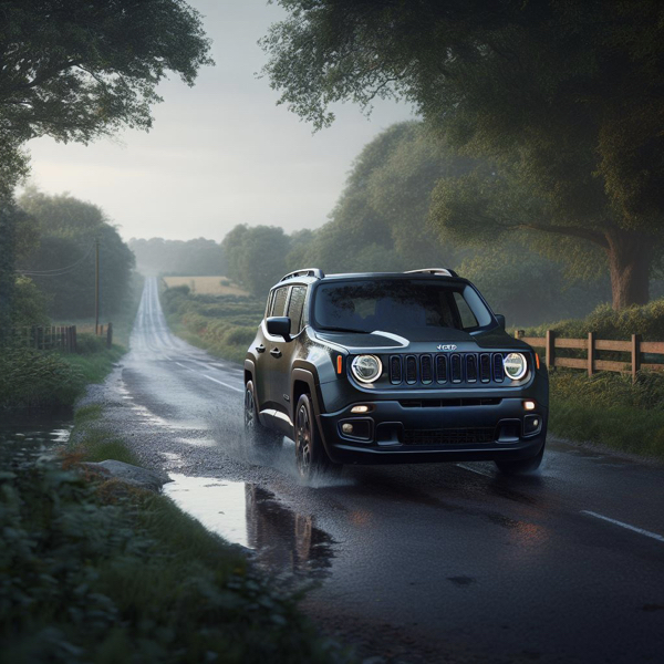 Jeep Renegade driving down a country road in the rain sat on Jeep Renegade Tyres