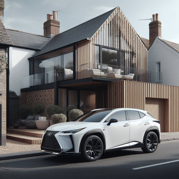 Lexus UX parked in front of a modern wooden style house sat on Lexus UX Tyres
