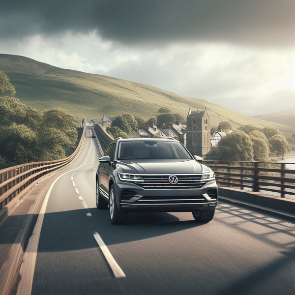 VW Touareg driving over a bridge on a country road in the UK sat on VW Touareg Tyres