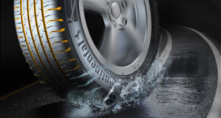 a tyre on wet conditions show off the Continental-Eco Contact 6 showing its Built in control