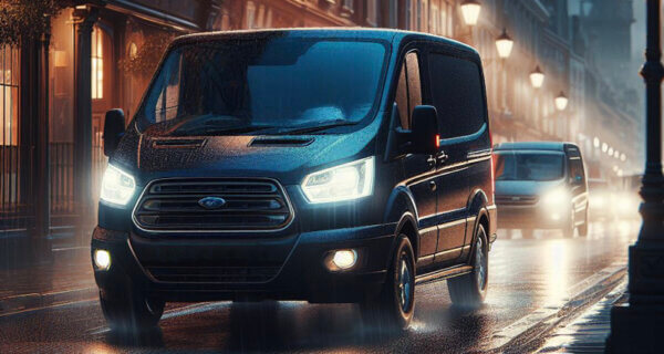 Ford Transit working on a high street at night in the rain sat on Ford Transit Tyres
