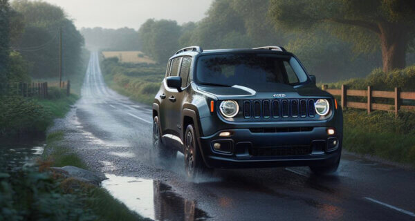 Jeep Renegade driving down a country road in the rain sat on Jeep Renegade Tyres