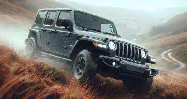 Jeep Wrangler on a hill on a dirt track in the rain sat on Jeep Wrangler Tyres