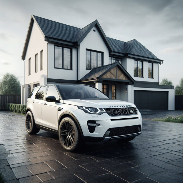 Land Rover Discovery Sport parked in front of a modern black and white house sat on Land Rover Discovery Sport Tyres