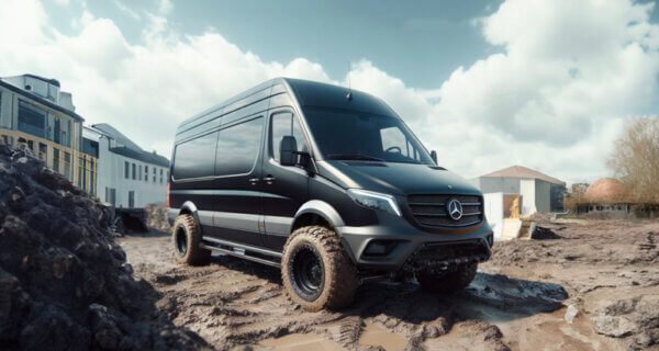 Mercedes Sprinter van on building site using mud Tyres