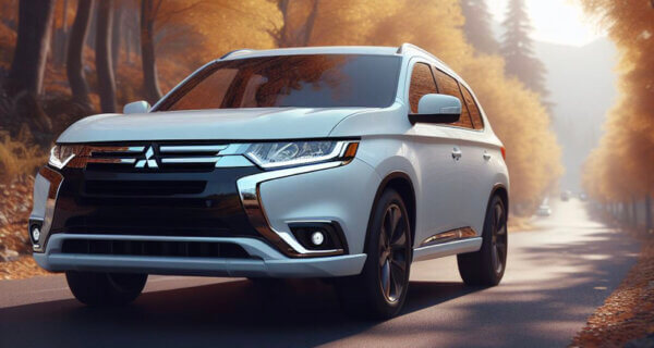 Mitsubishi Outlander SUV driving down a road in autumn sat on Mitsubishi Outlander tyres