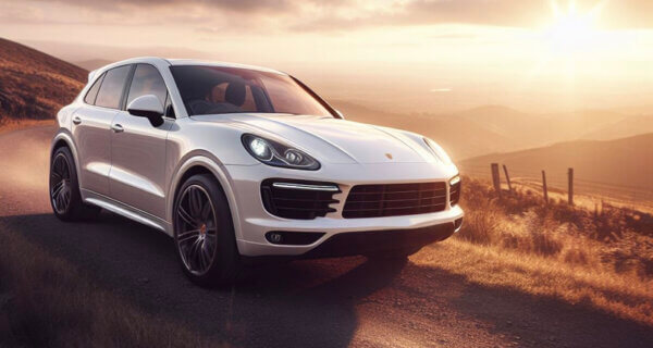 Porsche Cayenne SUV driving over a hill with a sunset in the background sat at on Porsche Cayenne tyres