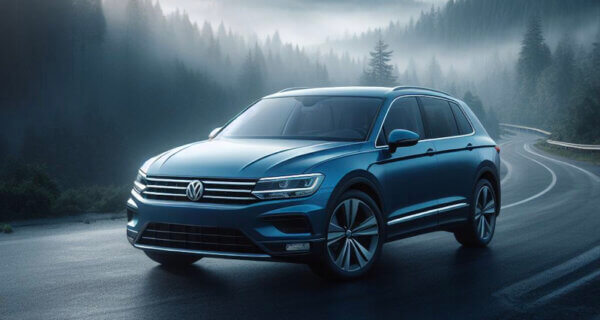 VW Tiguan driving over a misty hill forest sat on VW Tiguan tyres