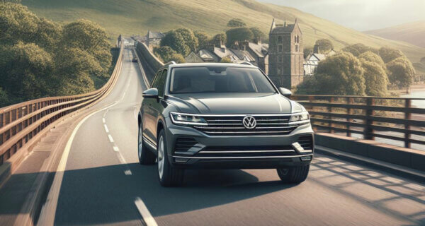 VW Touareg driving over a bridge on a country road in the UK sat on VW Touareg Tyres