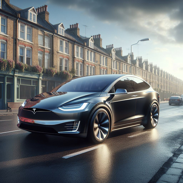 Tesla Model X driving down a street in the UK UK sat on Tesla Model X Tyres