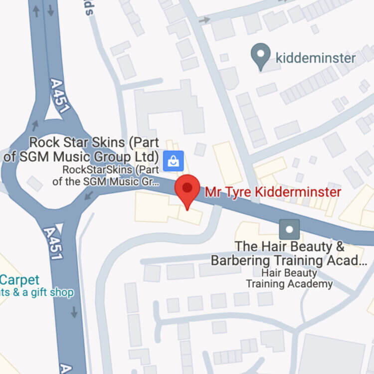 Mr Tyre Kidderminster map showing where they offer tyres in Kidderminster