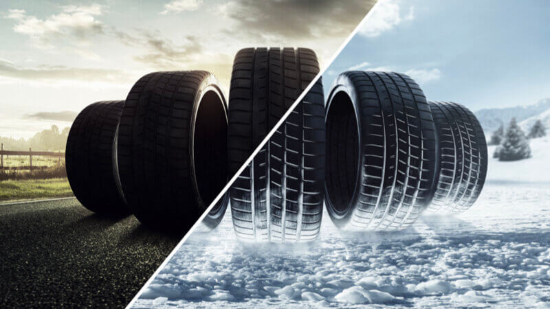 a visual showing the distinction between summer and winter tyres