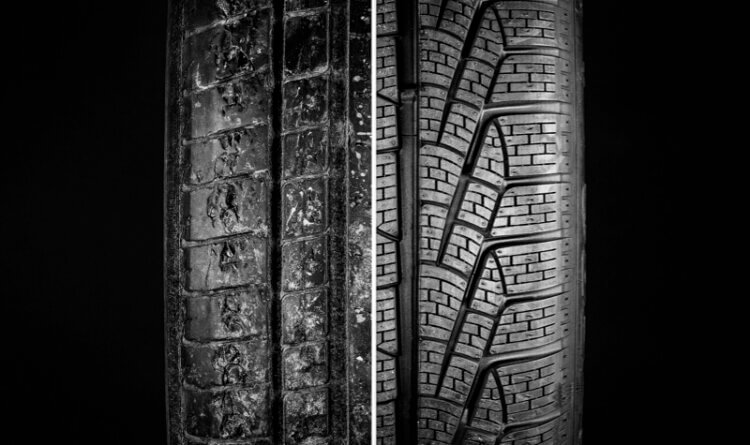 A split image of a worn un safe tyre and a brand new safe tyre to illustrate tyre safety and the importance of tyre care Visual Inspection