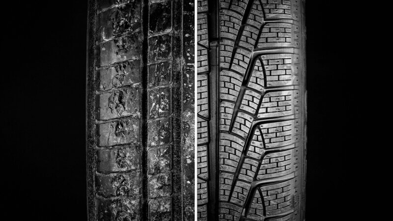 A split image of a worn un safe tyre and a brand new safe tyre to illustrate tyre safety and the importance of tyre care Visual Inspection