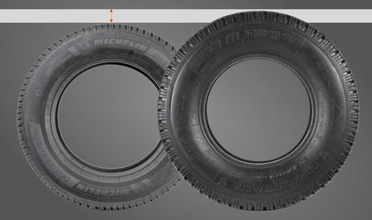 An image showing two tyres that are the same size but are different heights.