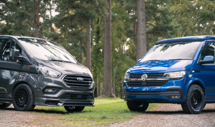 A VW camper and a Ford Transit Van showing Steel vs Alloy Wheels to compare whats Right for You.