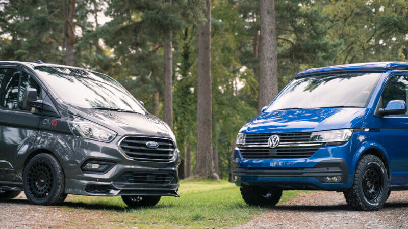 A VW camper and a Ford Transit Van showing Steel vs Alloy Wheels to compare whats Right for You.