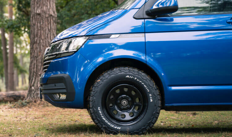 A VW camper showing Steel vs Alloy Wheels this is a Rugged steel wheel