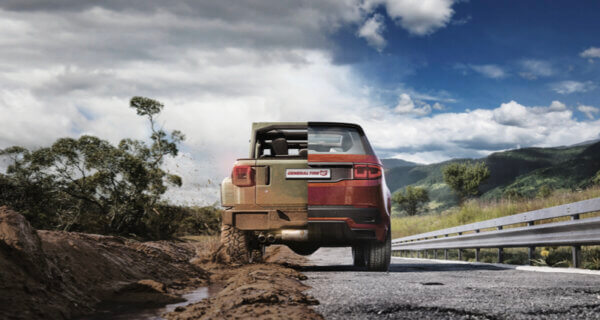 Split-screen showing General Grabber mud-terrain tyres on road and off road
