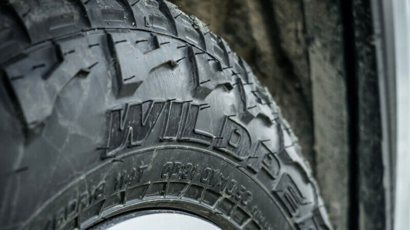 A close up photo showing off the rugged-terrain tyres Falken-Wildpeak R-T Tread Design