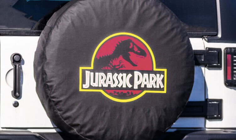 The Jurassic park logo on a 4x4 wheel cover