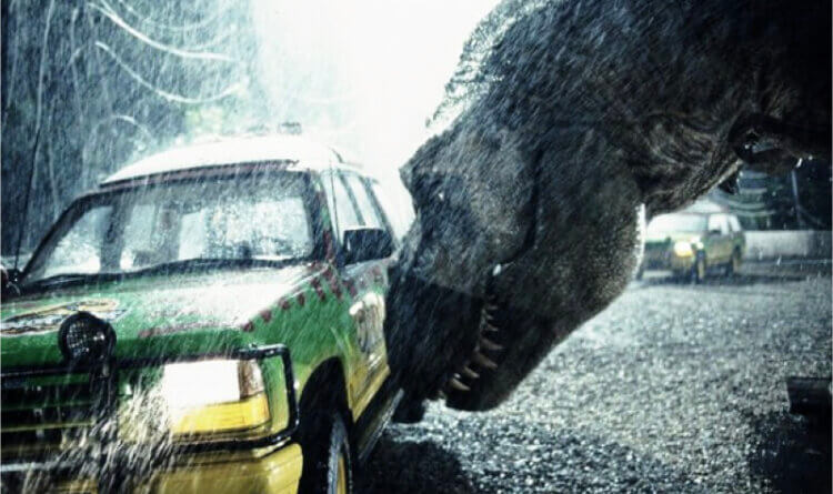 A T-Rex attacking a 4x4 vehicles ford explorer in jurassic park