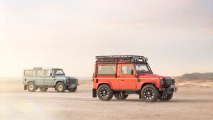 A pair of Land Rover Defenders in the new line of Classic Defender V8s