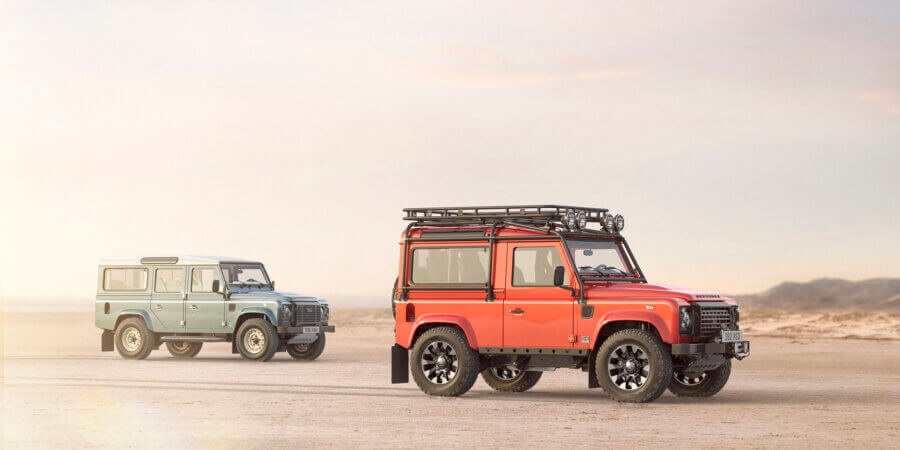 A pair of Land Rover Defenders in the new line of Classic Defender V8s