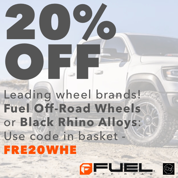 a image showing its 20% off leading wheel brands! Fuel Off-Road Wheels or Black Rhino Alloys: Use code in basket FRE20WHE