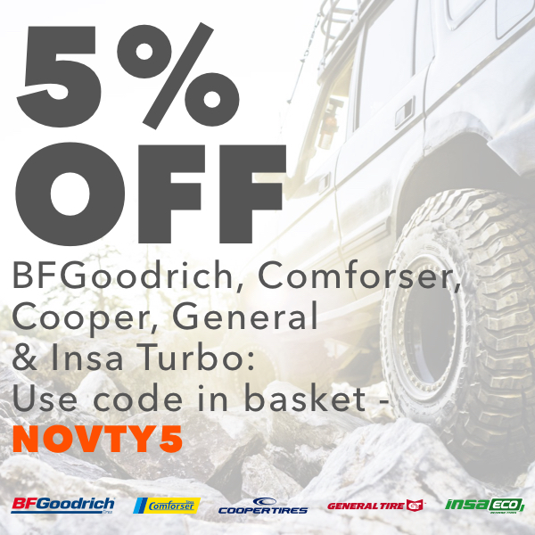 a banner showing 5% off tyre brands - use code NOVTY5