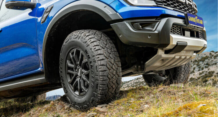 A Ford Ranger sat on our recommended Goodyear 4X4 tyres. Model Goodyear Wrangler All-Terrain Adventure tyre