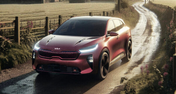 A Kia EV6 driving past a UK farm sat on Kia EV6 Tyres