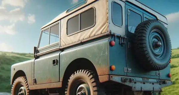 The back end of a Land Rover Series to show off its Land Rover Series wheels
