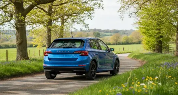 Rear three-quarter view of a Skoda Fabia hatchback