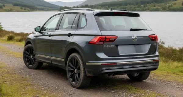 The back end of a Tiguan to show off its Tiguan wheels