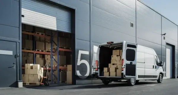 A commerical van being load outside a warehouse