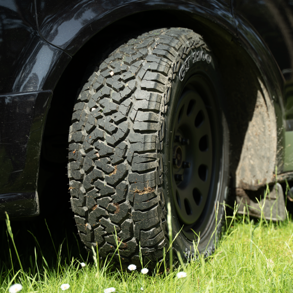Close-up of Comforser CF1100 all-terrain tyre tread fitted to a Volkswagen Transporter