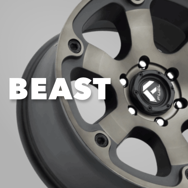 Close-up of a bronze and black Fuel Beast alloy wheel