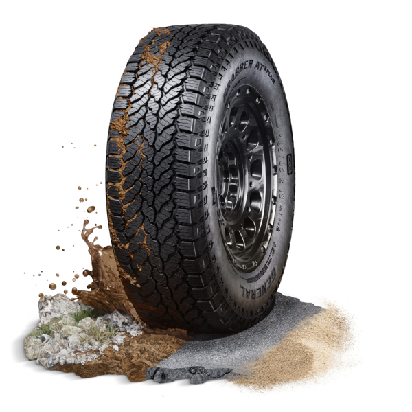 General Grabber AT3 Plus all-terrain tyre shown across mud, rock and road surfaces