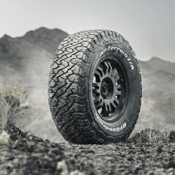 BFGoodrich All-Terrain T/A KO3 tyre on a wheel in rugged off-road terrain