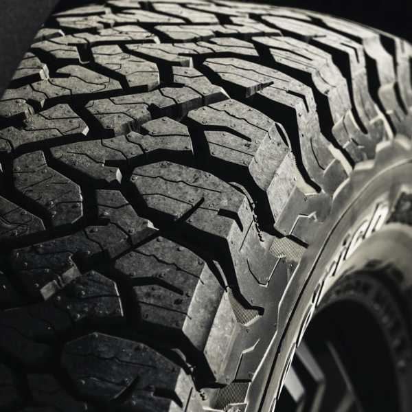 Close-up of the aggressive tread pattern on a BFGoodrich KO3 all-terrain tyre