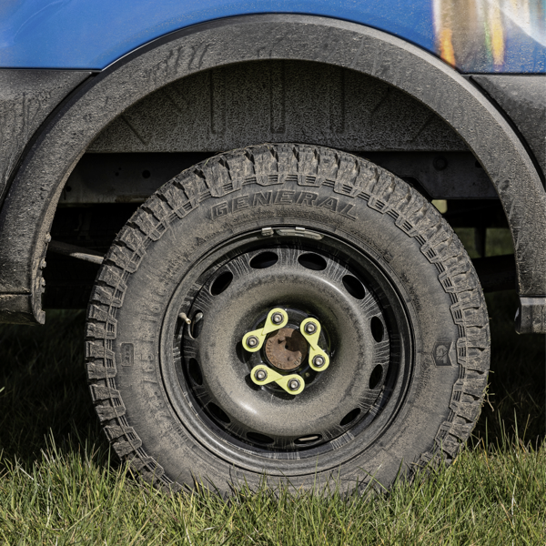 Close-up of General Grabber AT3 all-terrain tyre fitted to a van