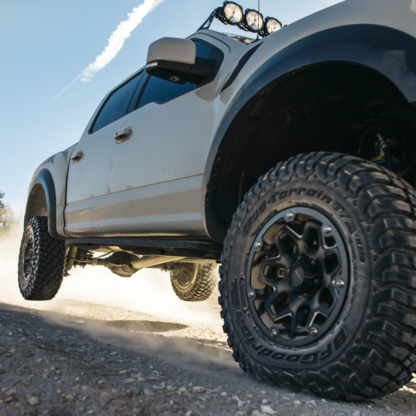 Lifted 4x4 fitted with BFGoodrich off-road tyres on a gravel track