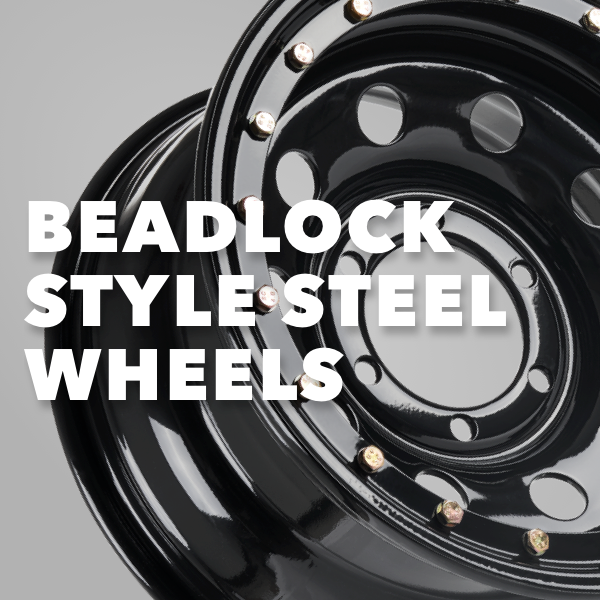 Black beadlock-style steel wheel with decorative rim bolts