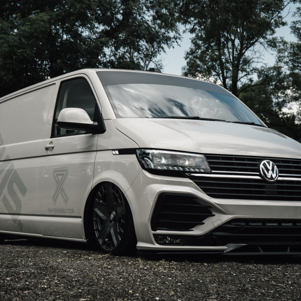 White VW Transporter van fitted with black Navis alloy wheels