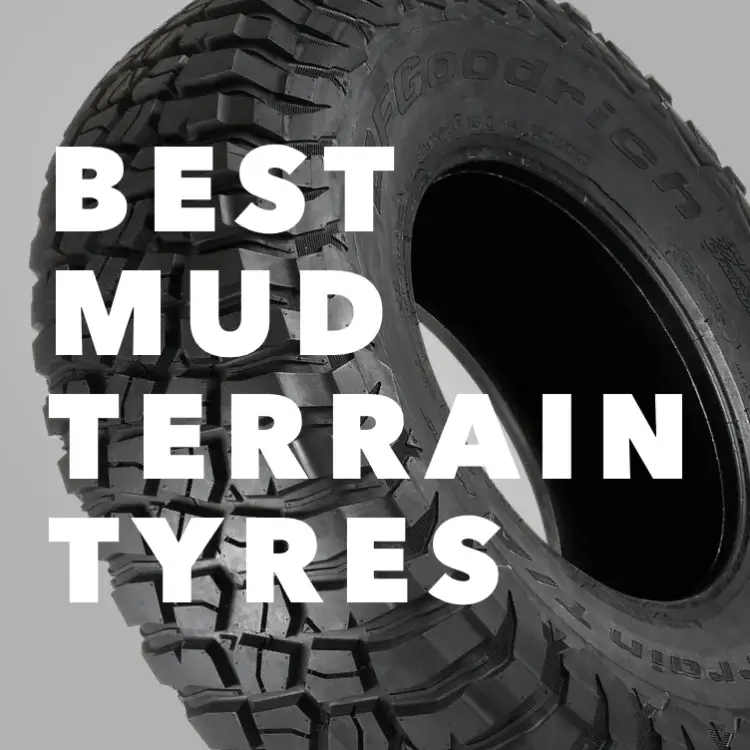 Close-up of an Mud-terrain tyre tread with “Mud-Terrain Tyres” text.