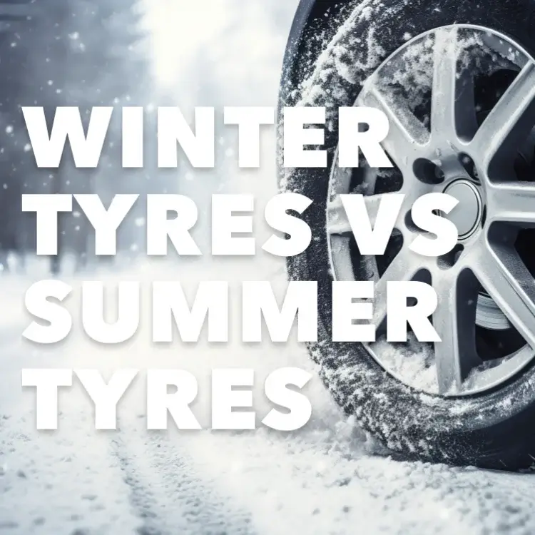 Snow-covered tyre and alloy wheel with ‘Winter Tyres vs Summer Tyres’ text.